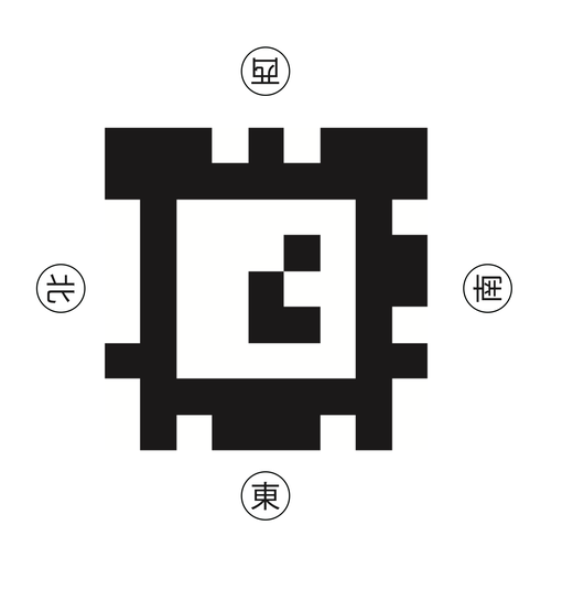 雀卓ARのマーカーシート。中央にAprilTagのパターンがあり、四辺に東・南・西・北が印刷されている